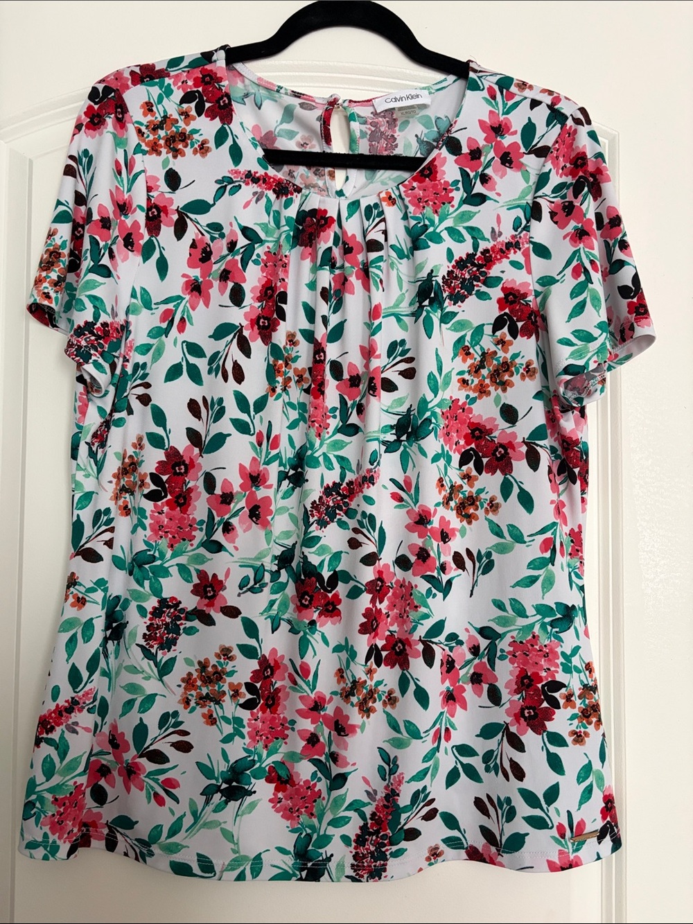 Calvin Klein White Floral Short Sleeve Blouse with Pink & Green Motif